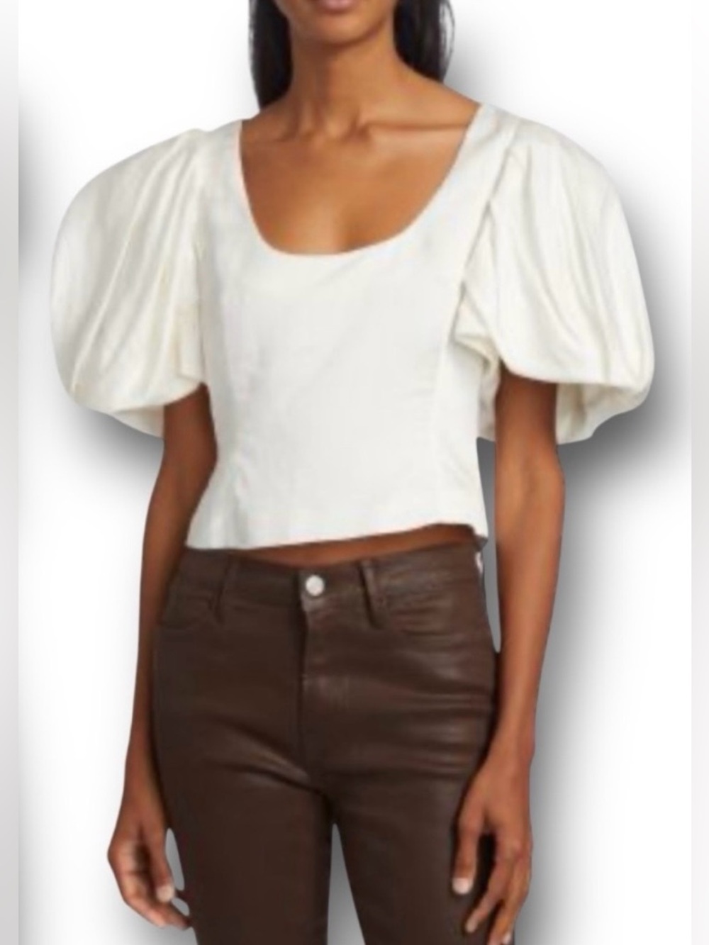 FRAME Puff Sleeve Linen / Viscose Blend Crop Top Blouse In Off-White Size XS/TP